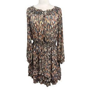 Scully Feather Print Long Sleeve Boho Mini Dress Medium